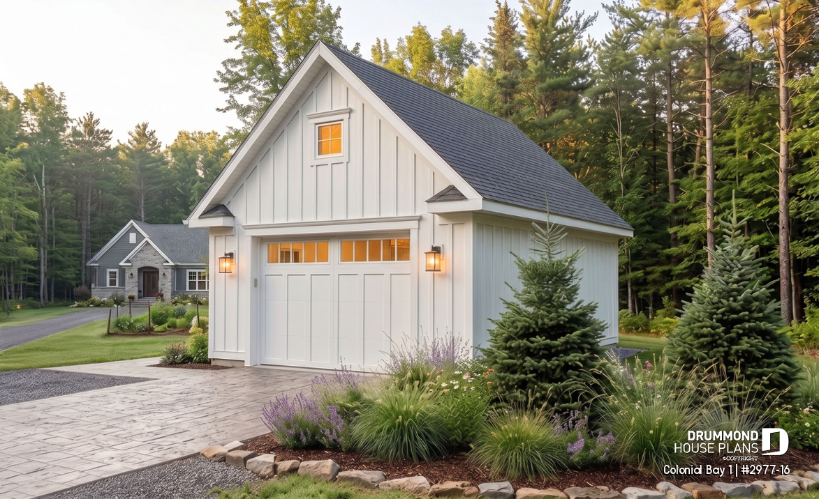 front - BASE MODEL - One-car garage plan with bonus storage in attic. PDF and blueprints available. - Colonial Bay 1