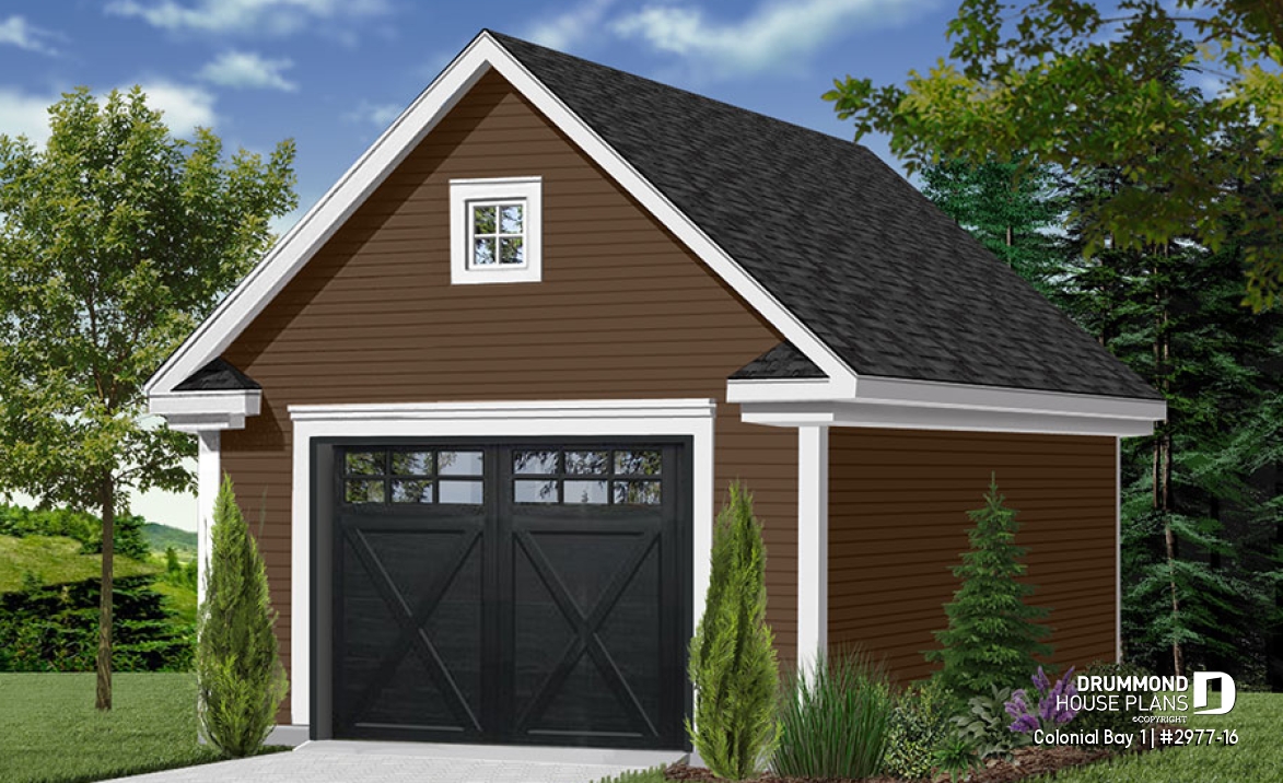 front - BASE MODEL - One-car garage plan with bonus storage in attic. PDF and blueprints available. - Colonial Bay 1