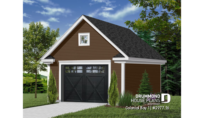 front - BASE MODEL - One-car garage plan with bonus storage in attic. PDF and blueprints available. - Colonial Bay 1