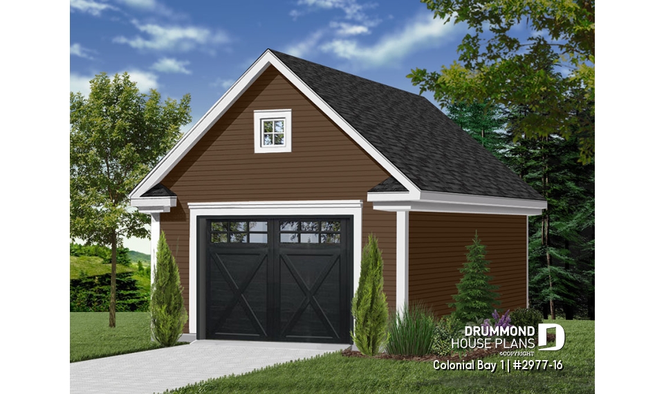 front - BASE MODEL - One-car garage plan with bonus storage in attic. PDF and blueprints available. - Colonial Bay 1