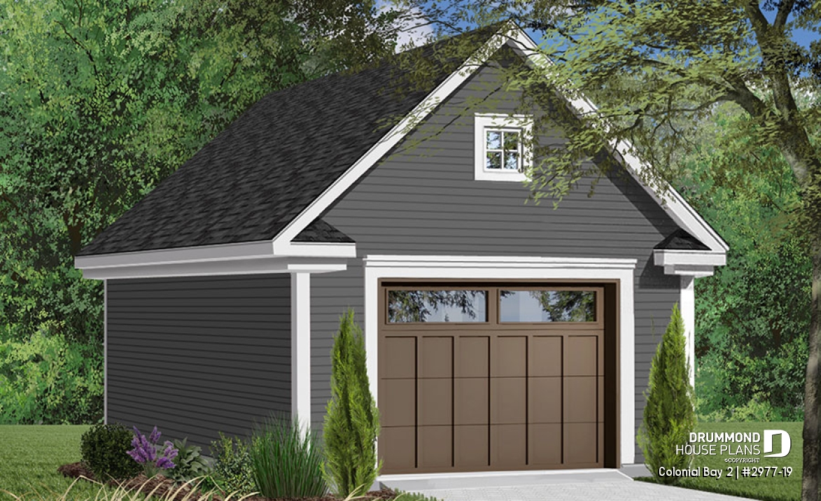 front - BASE MODEL - Spacious one-car garage plan, with storage area in attic. PDF and blueprints available. - Colonial Bay 2