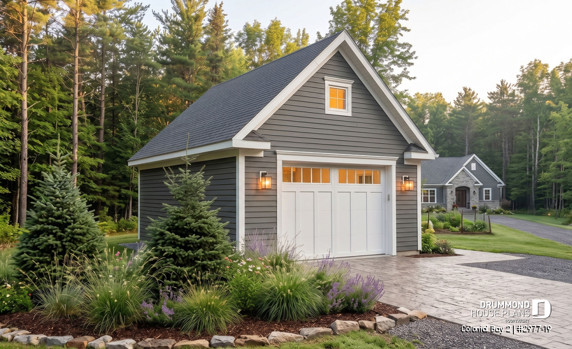 front - BASE MODEL - Spacious one-car garage plan, with storage area in attic. PDF and blueprints available. - Colonial Bay 2