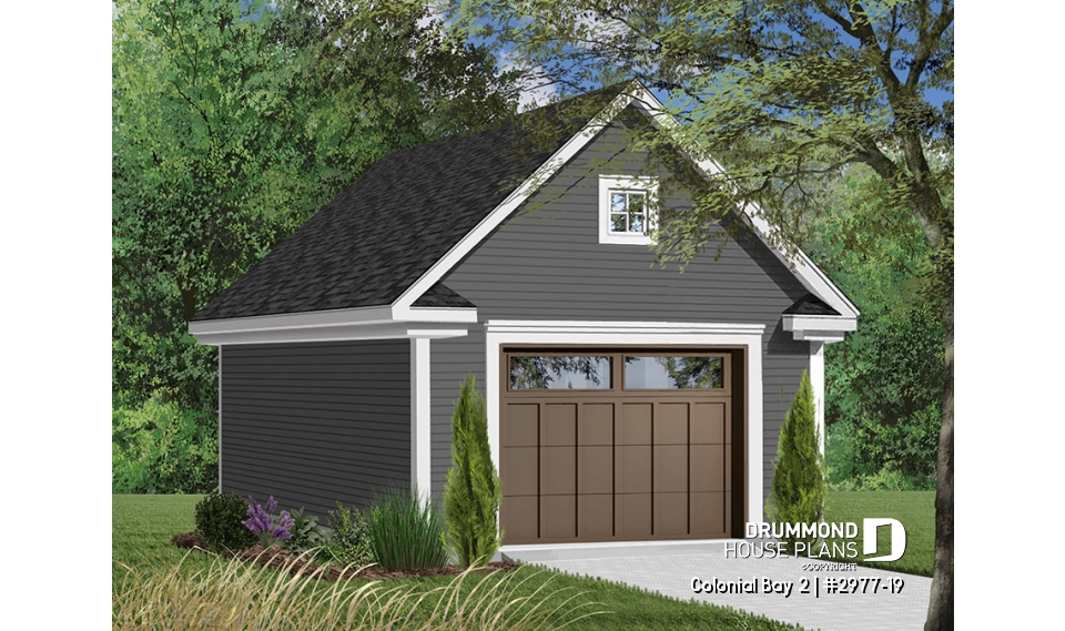 front - BASE MODEL - Spacious one-car garage plan, with storage area in attic. PDF and blueprints available. - Colonial Bay 2