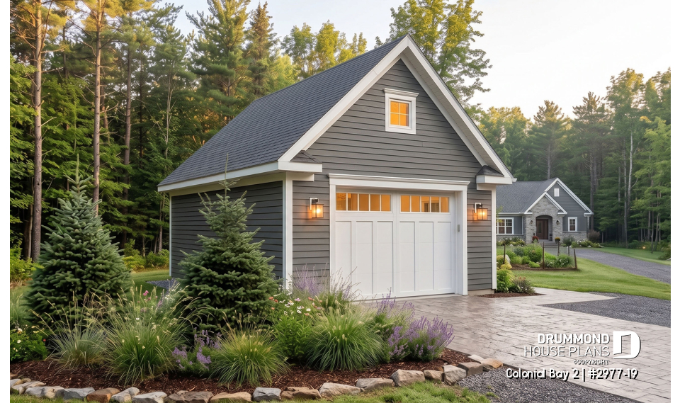 front - BASE MODEL - Spacious one-car garage plan, with storage area in attic. PDF and blueprints available. - Colonial Bay 2