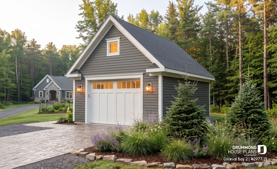 front - BASE MODEL - Spacious one-car garage plan, with storage area in attic. PDF and blueprints available. - Colonial Bay 2