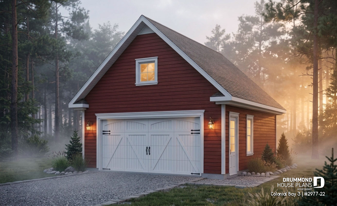 front - BASE MODEL - 2-Car garage plan with large storage area in the attic. - Colonial Bay 3