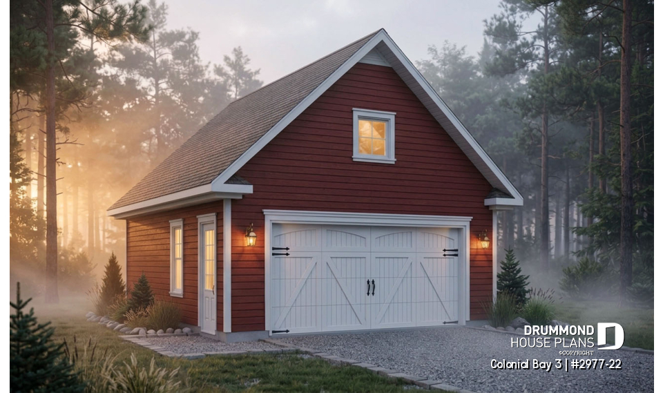 front - BASE MODEL - 2-Car garage plan with large storage area in the attic. - Colonial Bay 3