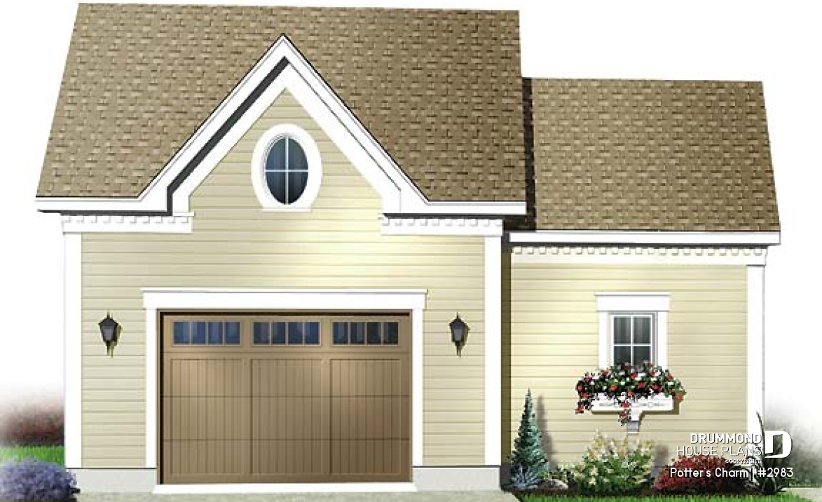front - BASE MODEL - One car garage plan with storage or gardening area - Potter's Charm