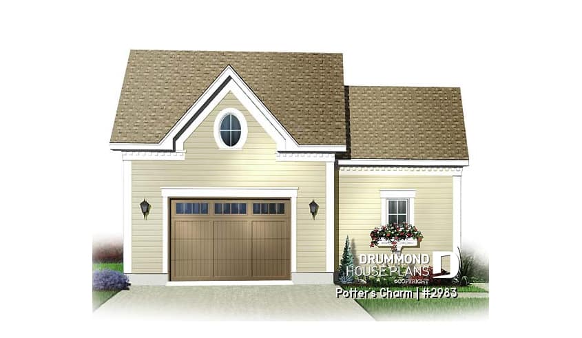 front - BASE MODEL - One car garage plan with storage or gardening area - Potter's Charm