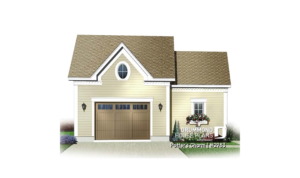 front - BASE MODEL - One car garage plan with storage or gardening area - Potter's Charm