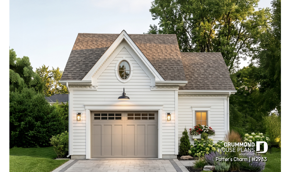 front - BASE MODEL - One car garage plan with storage or gardening area - Potter's Charm