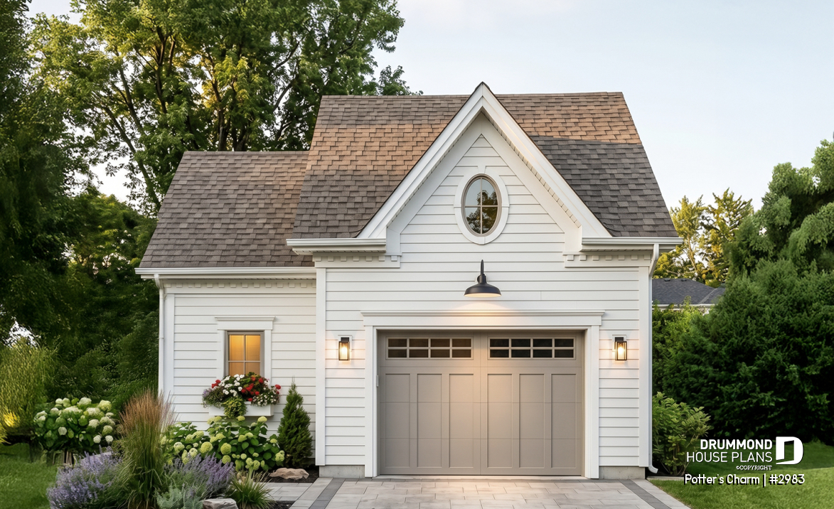 front - BASE MODEL - One car garage plan with storage or gardening area - Potter's Charm