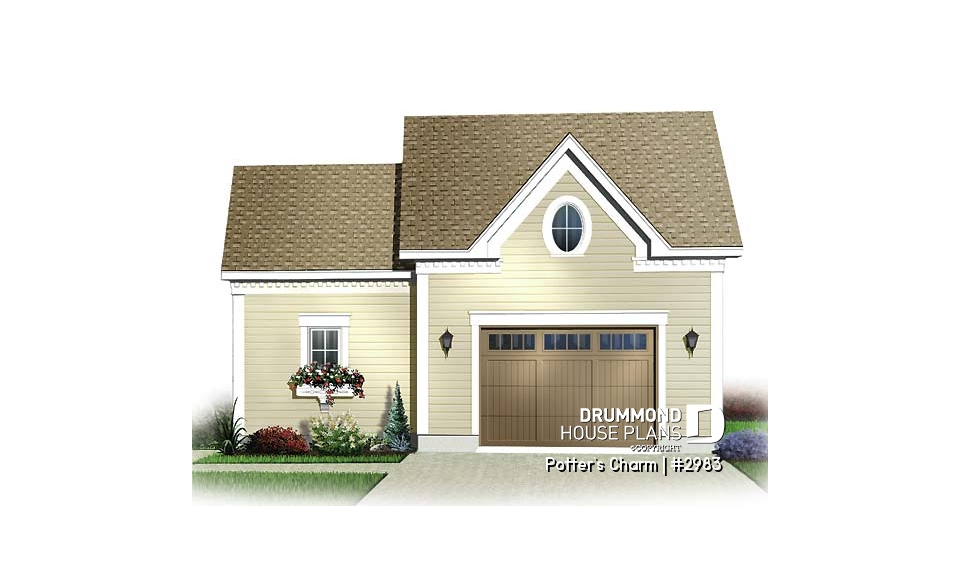 front - BASE MODEL - One car garage plan with storage or gardening area - Potter's Charm