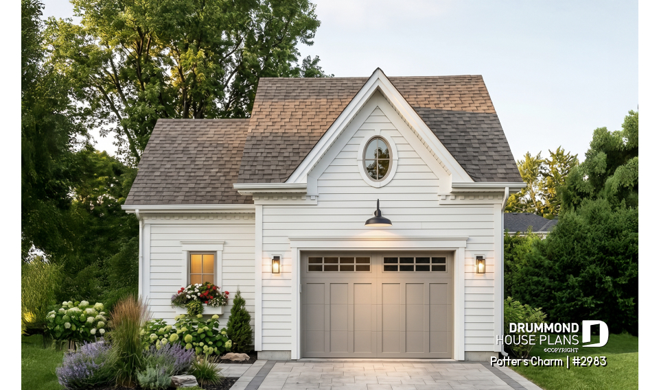 front - BASE MODEL - One car garage plan with storage or gardening area - Potter's Charm