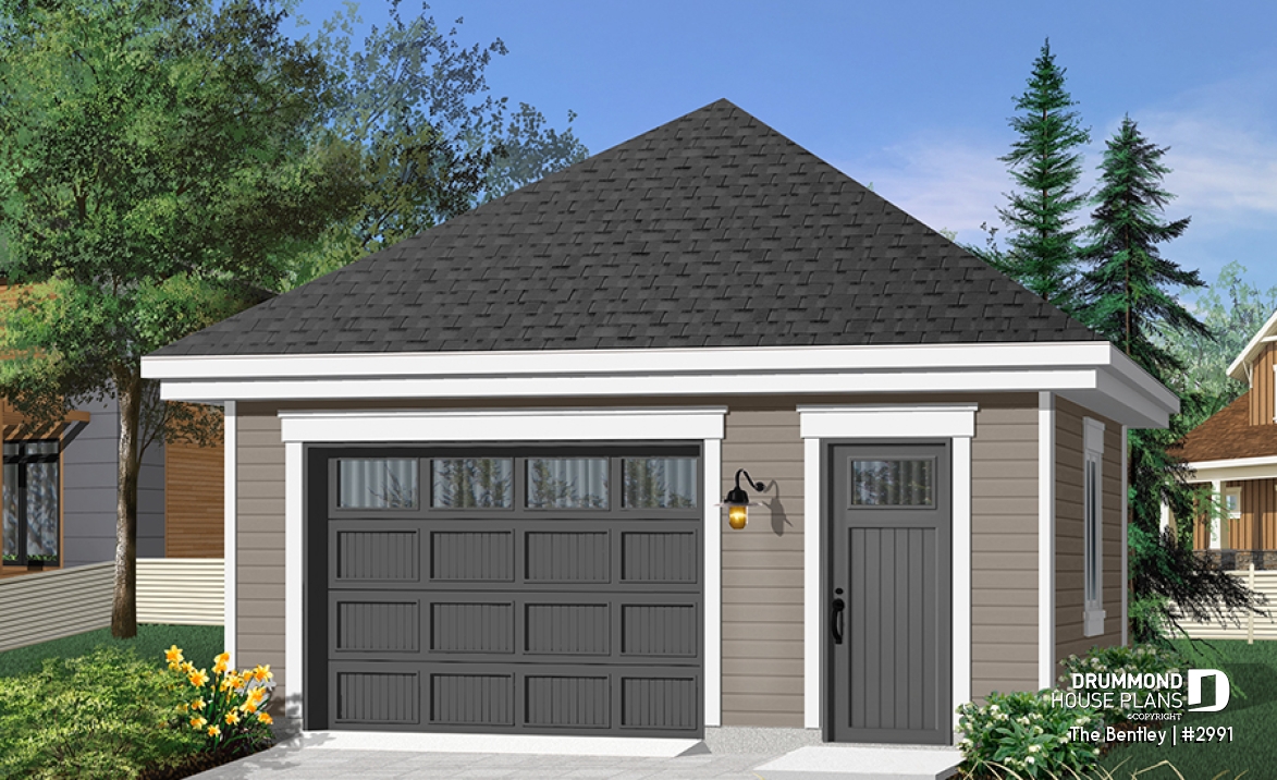 front - BASE MODEL - Simple one-car garage plan with workshop area - The Bentley