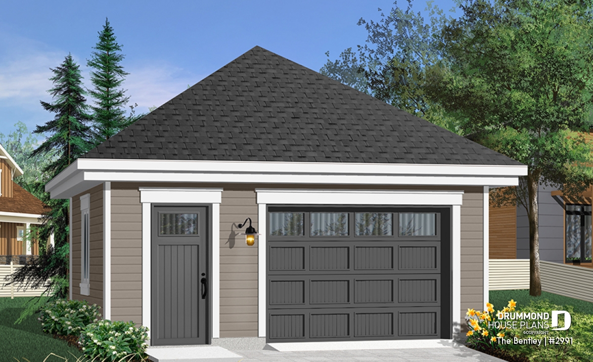 front - BASE MODEL - Simple one-car garage plan with workshop area - The Bentley
