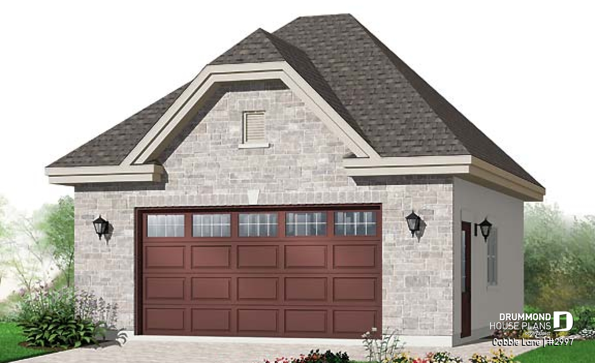 front - BASE MODEL - Elegant European style 2-car garage with 9'6'' ceiling. - Cobble Lane