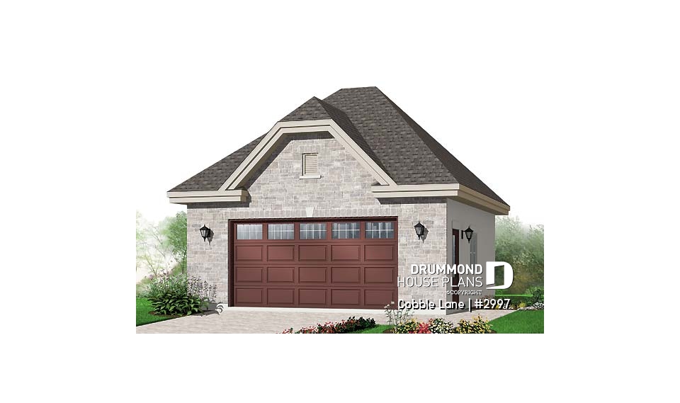 front - BASE MODEL - Elegant European style 2-car garage with 9'6'' ceiling. - Cobble Lane