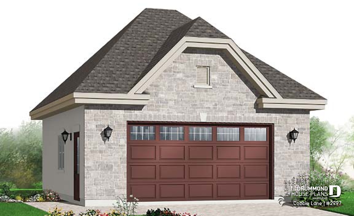 front - BASE MODEL - Elegant European style 2-car garage with 9'6'' ceiling. - Cobble Lane
