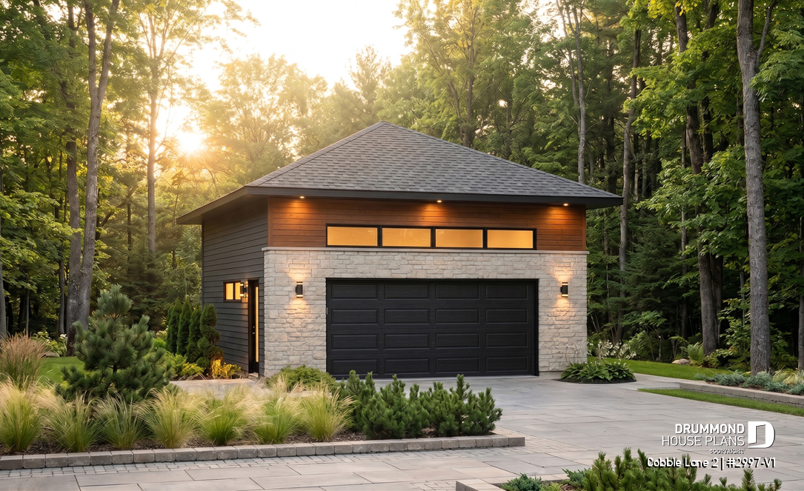 front - BASE MODEL - 2-car garage plan, Contemporary/Zen with large window, and mezzanine for storage - Cobble Lane 2