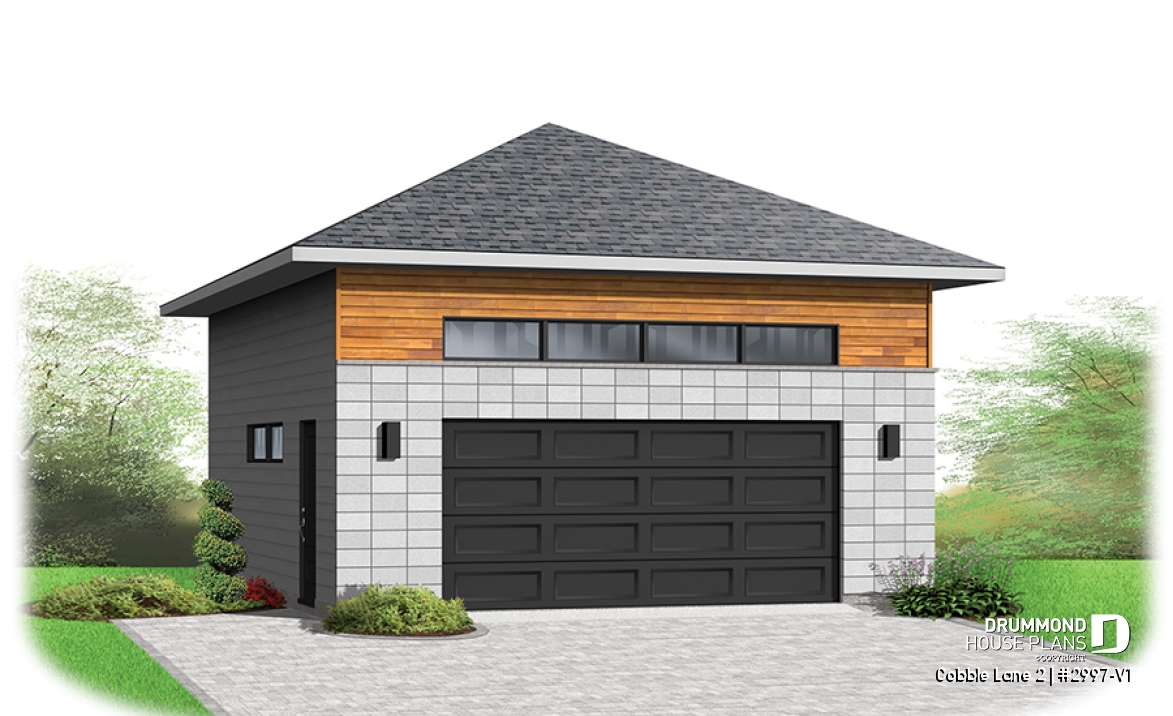front - BASE MODEL - 2-car garage plan, Contemporary/Zen with large window, and mezzanine for storage - Cobble Lane 2
