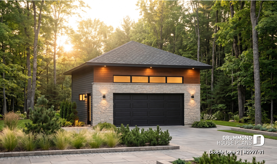 front - BASE MODEL - 2-car garage plan, Contemporary/Zen with large window, and mezzanine for storage - Cobble Lane 2