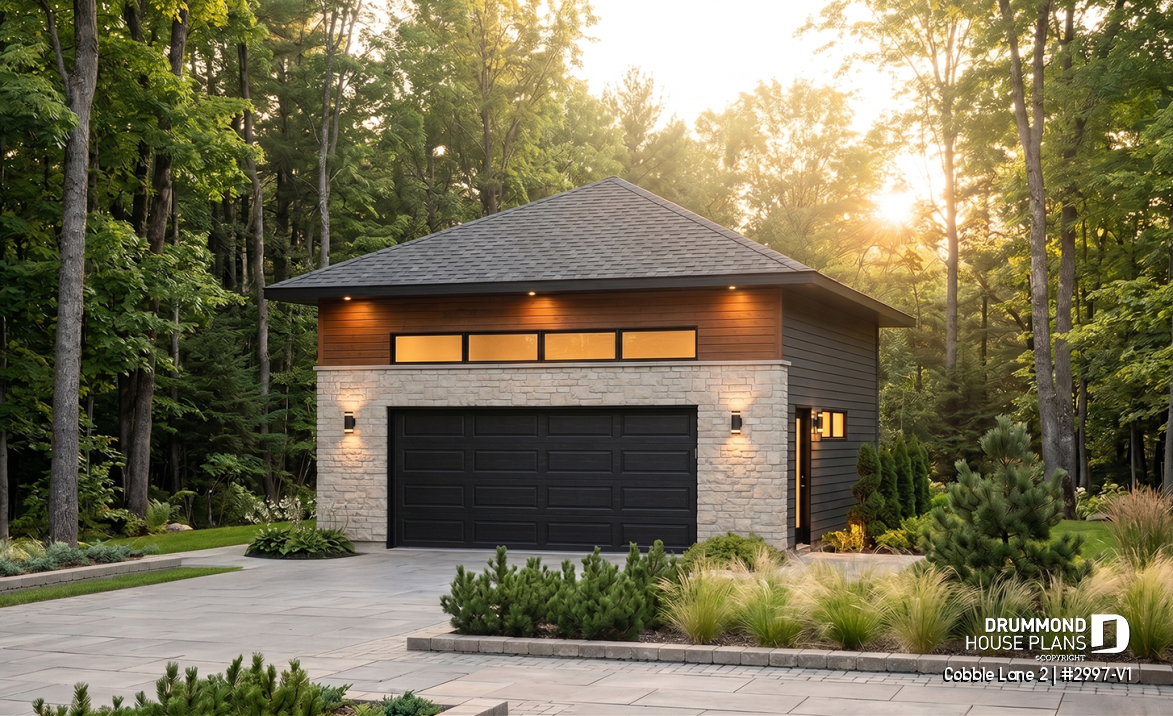 front - BASE MODEL - 2-car garage plan, Contemporary/Zen with large window, and mezzanine for storage - Cobble Lane 2