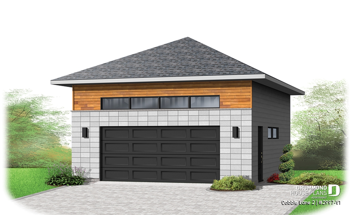 front - BASE MODEL - 2-car garage plan, Contemporary/Zen with large window, and mezzanine for storage - Cobble Lane 2