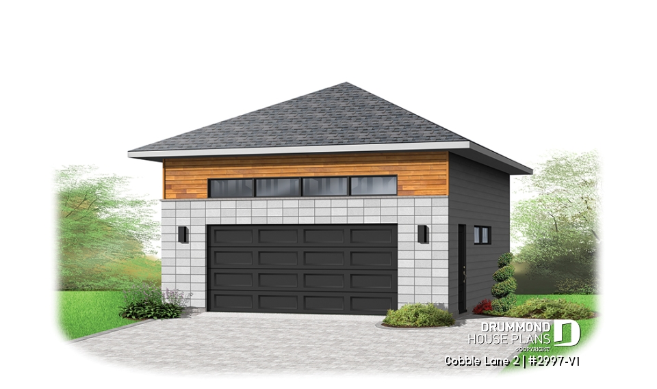front - BASE MODEL - 2-car garage plan, Contemporary/Zen with large window, and mezzanine for storage - Cobble Lane 2