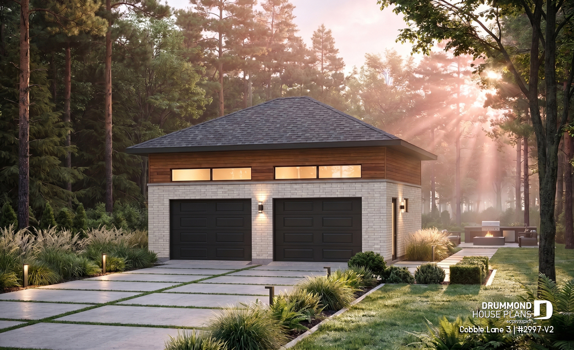 front - BASE MODEL - Contemporary style 2-car garage plan, storage space on a mezzanine - Cobble Lane 3