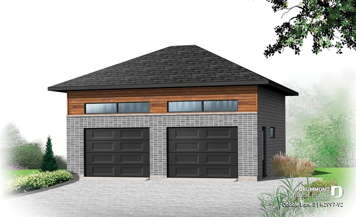 front - BASE MODEL - Contemporary style 2-car garage plan, storage space on a mezzanine - Cobble Lane 3