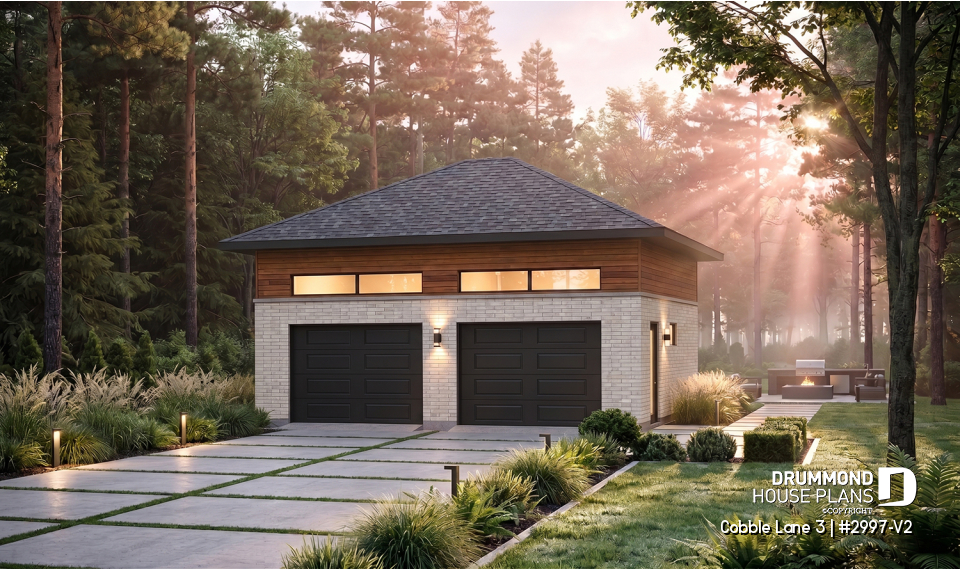 front - BASE MODEL - Contemporary style 2-car garage plan, storage space on a mezzanine - Cobble Lane 3