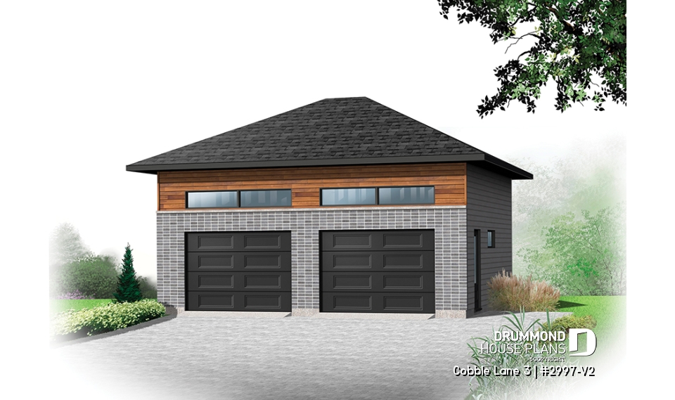 front - BASE MODEL - Contemporary style 2-car garage plan, storage space on a mezzanine - Cobble Lane 3