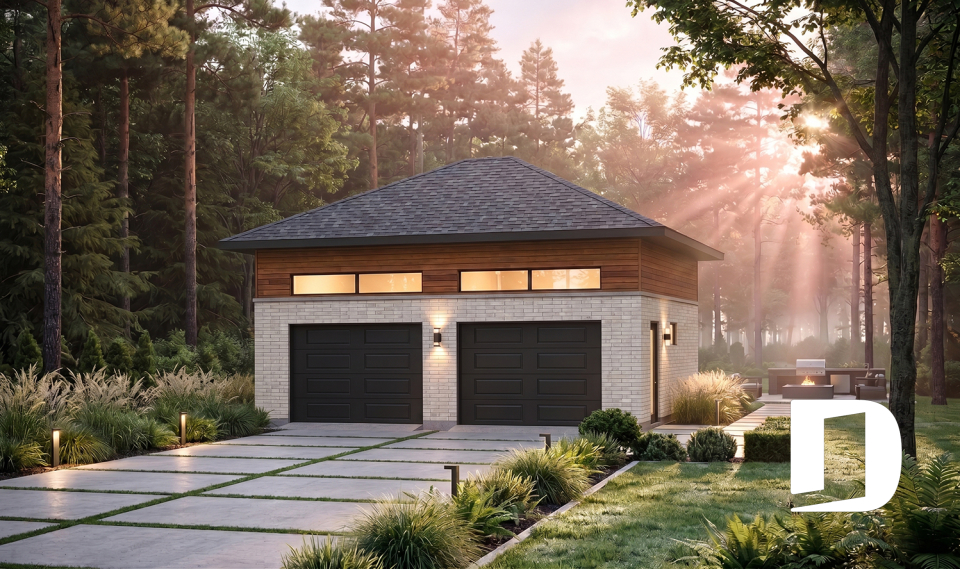 front - BASE MODEL - Contemporary style 2-car garage plan, storage space on a mezzanine - Cobble Lane 3