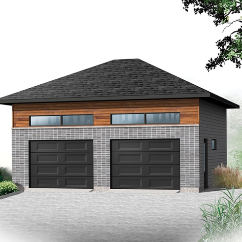front - BASE MODEL - Contemporary style 2-car garage plan, storage space on a mezzanine - Cobble Lane 3