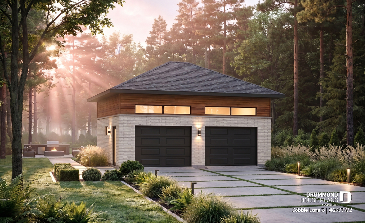 front - BASE MODEL - Contemporary style 2-car garage plan, storage space on a mezzanine - Cobble Lane 3