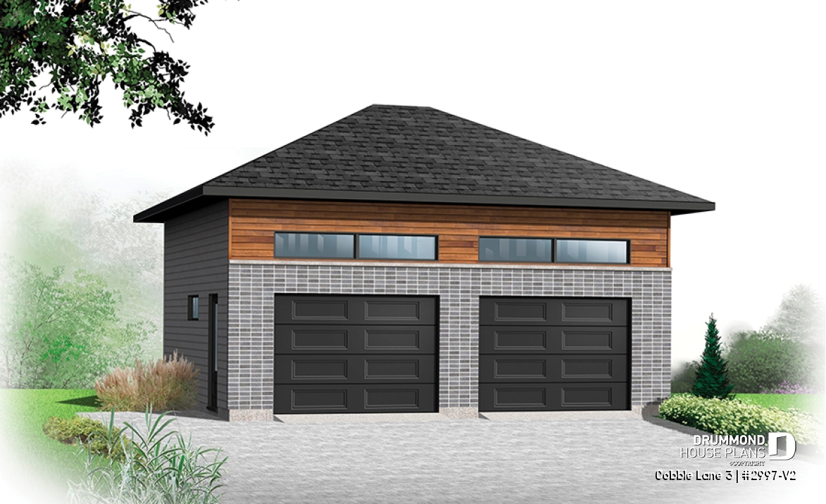 front - BASE MODEL - Contemporary style 2-car garage plan, storage space on a mezzanine - Cobble Lane 3