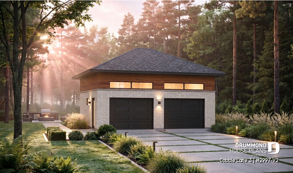 front - BASE MODEL - Contemporary style 2-car garage plan, storage space on a mezzanine - Cobble Lane 3