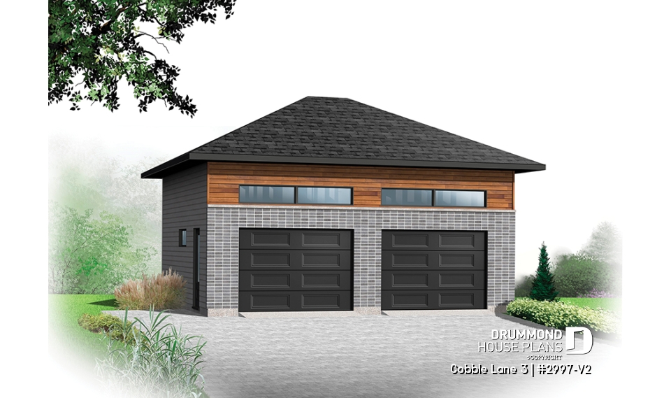 front - BASE MODEL - Contemporary style 2-car garage plan, storage space on a mezzanine - Cobble Lane 3
