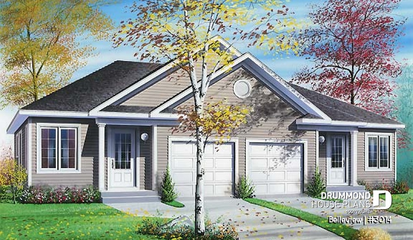 front - BASE MODEL - Duplex house plan with 2 bedroom, one-car garage, affordable construction costs. - Belleview
