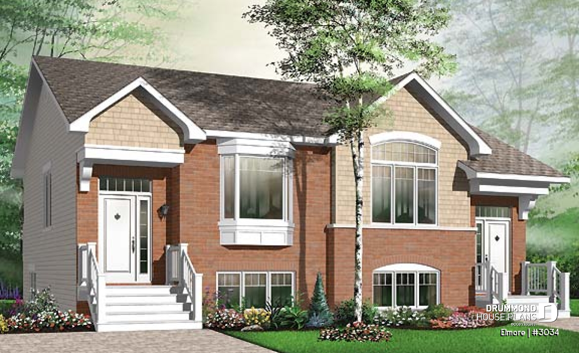 front - BASE MODEL - 3 bedroom semi-detached house plan, 1.5 baths, laundry room on main floor, kitchen island - Elmore