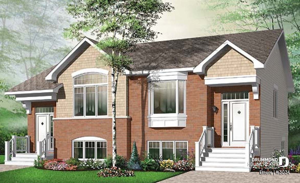 front - BASE MODEL - 3 bedroom semi-detached house plan, 1.5 baths, laundry room on main floor, kitchen island - Elmore