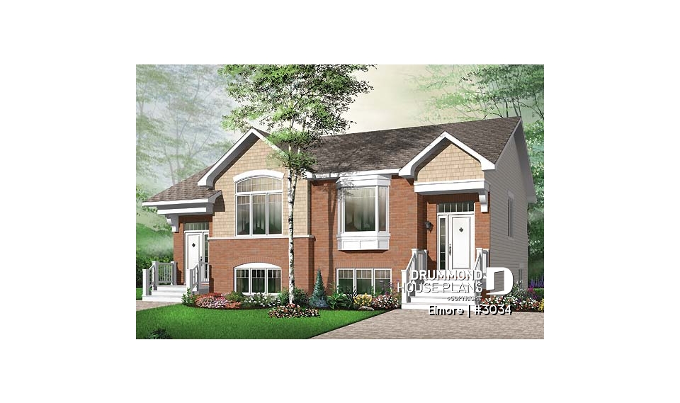 front - BASE MODEL - 3 bedroom semi-detached house plan, 1.5 baths, laundry room on main floor, kitchen island - Elmore
