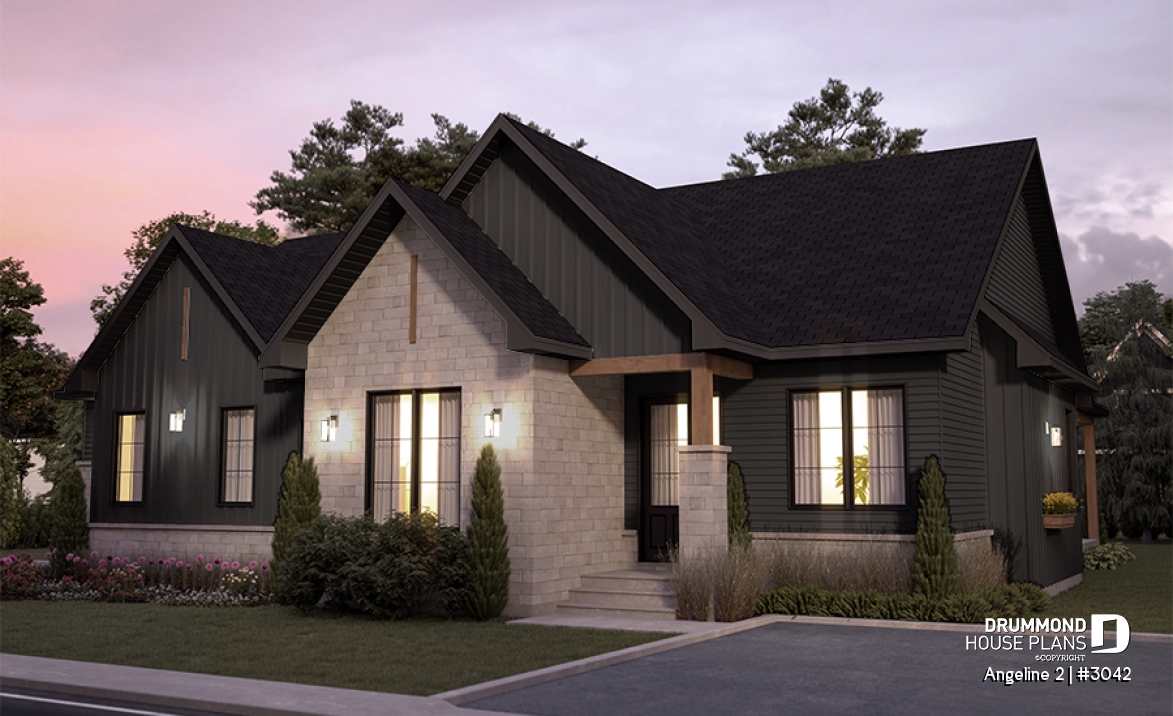 front - BASE MODEL - Multi-generational house plan, family unit w/ 2 bedrooms &amp; large living with fireplace, lots of natural lights - Angeline 2