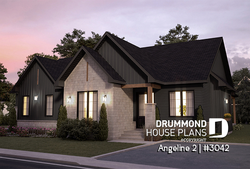 front - BASE MODEL - Multi-generational house plan, family unit w/ 2 bedrooms & large living with fireplace, lots of natural lights - Angeline 2