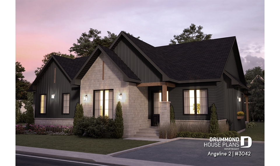 front - BASE MODEL - Multi-generational house plan, family unit w/ 2 bedrooms &amp; large living with fireplace, lots of natural lights - Angeline 2