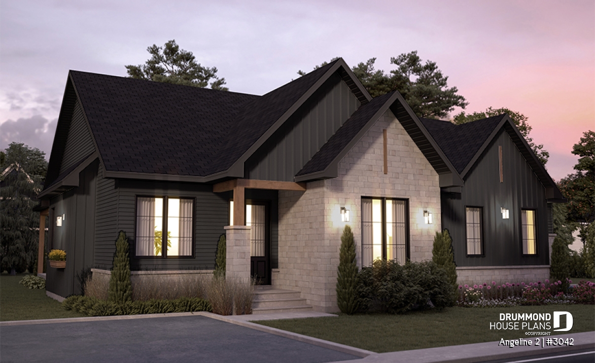 front - BASE MODEL - Multi-generational house plan, family unit w/ 2 bedrooms &amp; large living with fireplace, lots of natural lights - Angeline 2