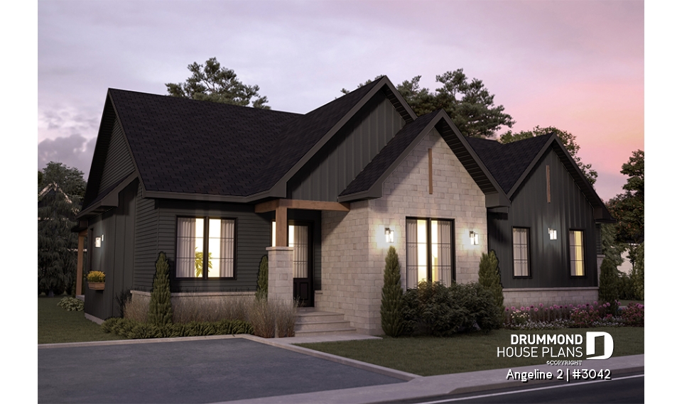 front - BASE MODEL - Multi-generational house plan, family unit w/ 2 bedrooms &amp; large living with fireplace, lots of natural lights - Angeline 2