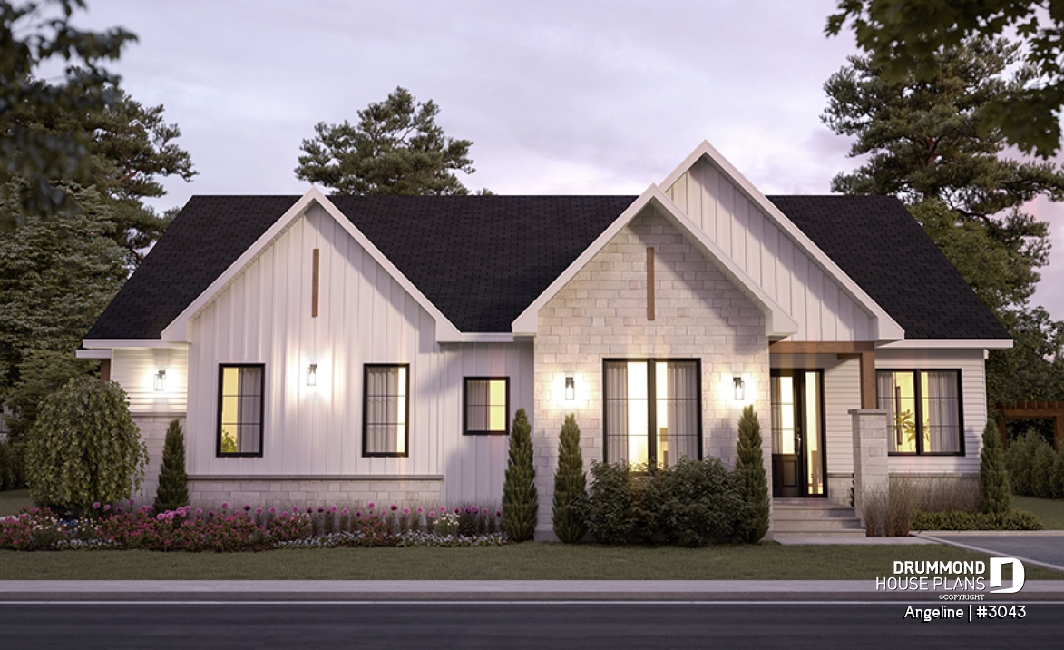 front - BASE MODEL - Spacious one-storey multi-generational home plan with 1 + 3 bedrooms, fireplace and laundry on main unit - Angeline