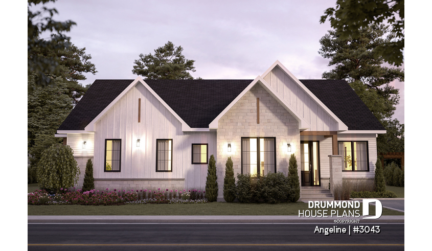 front - BASE MODEL - Spacious one-storey multi-generational home plan with 3 bedrooms, fireplace and laundry on main unit - Angeline